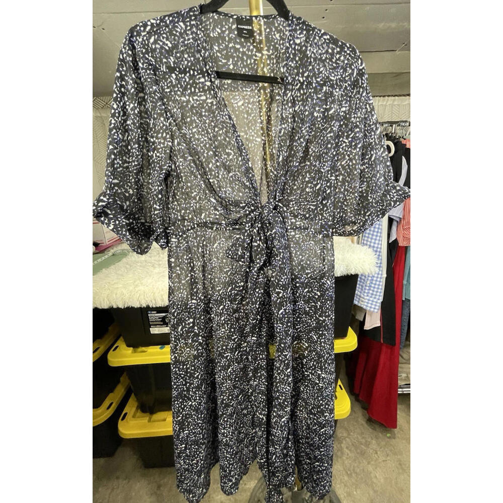 Express Women’s Short Sleeves Duster Kimono Midi Cover Up Size M/L Blue/Black